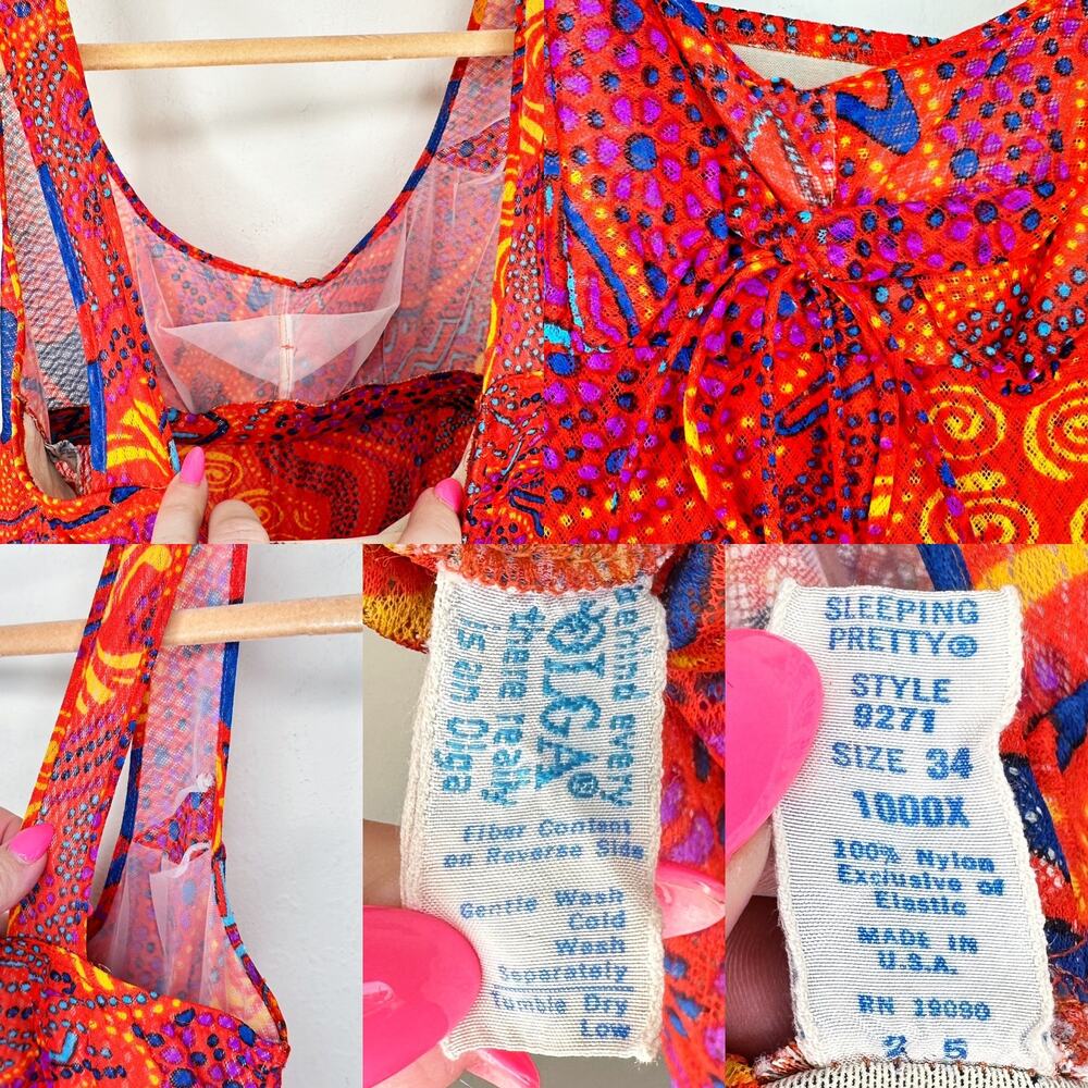 Vintage Olga Nylon Sheer Psychedelic Mesh Maxi Nightgown Dress Swim Cover Up - Picture 12 of 14